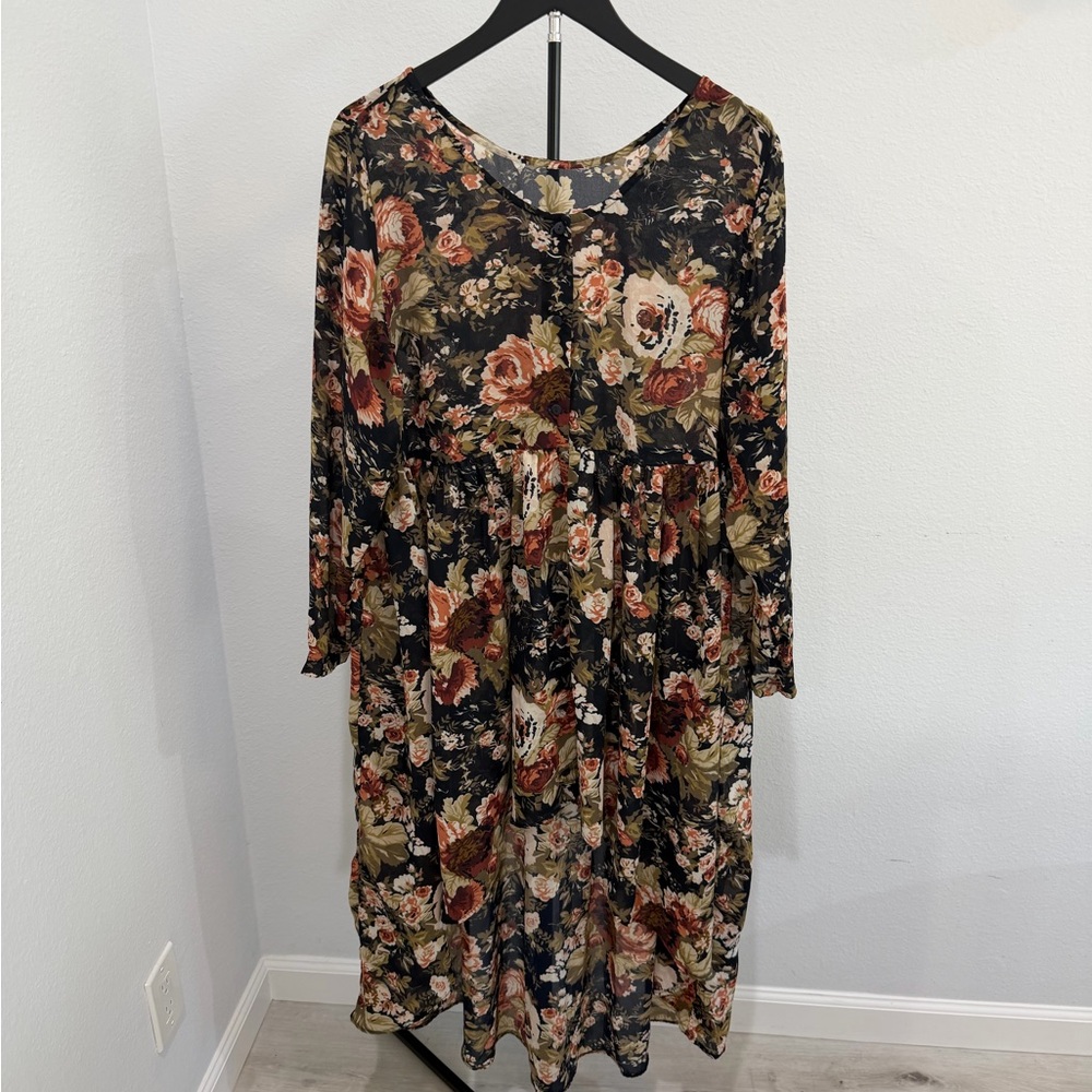 Vintage 80’s Mullet Dress, Women's Black Floral Midi Dress with Long Sleeves